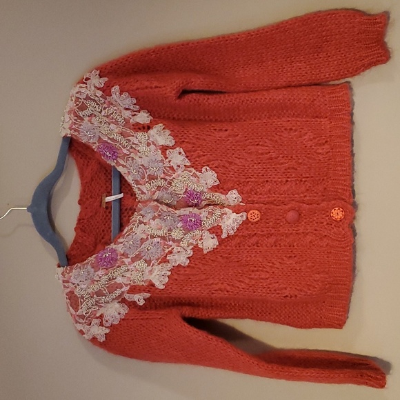 Free People Lace Seed Pearl Beaded Wool Blend Cropped Cardigan In Coral Size S - Picture 1 of 9